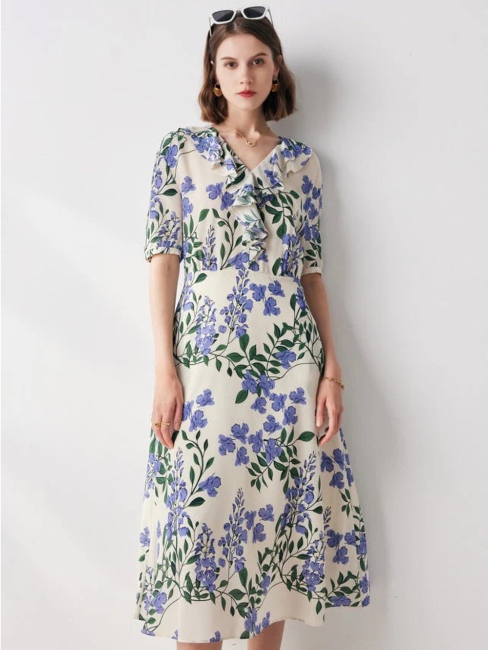 FIBFLX French Chic Silk Floral Maxi Dress Purple Ruffle Romantic V-Neck Size L